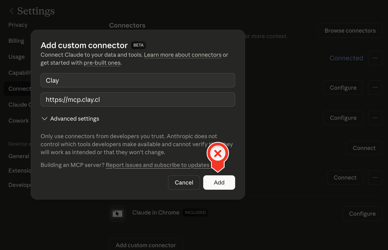 Modal para agregar conector personalizado