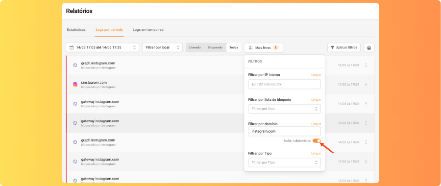 Filtro por subdomínio
