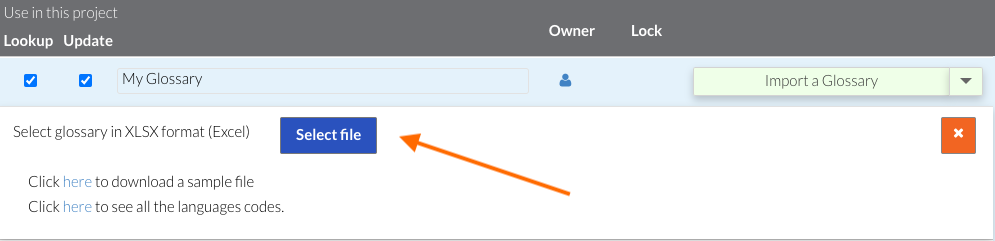 Select the glossary file to import