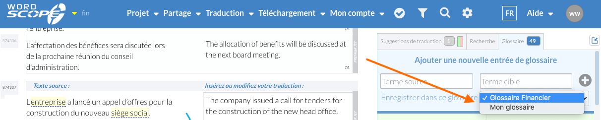 Sélectionner le glossaire