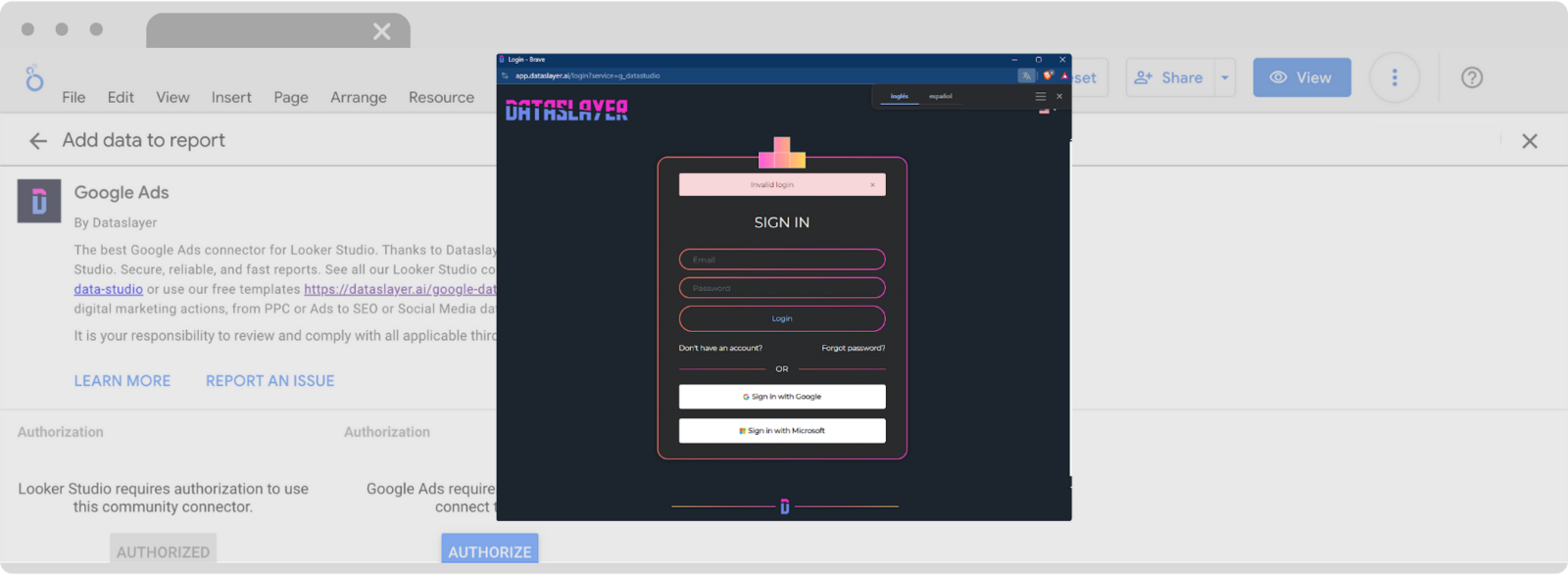 Looker Studio interface displaying an 'Invalid login' error, which may occur if the user's account is not registered in Dataslayer or if they are using a different email than the one associated with Dataslayer