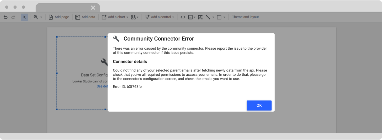 Looker Studio interface displaying a 'Could not find any of your selected parent emails' error, indicating that the specified parent emails were not found in the connected data source.