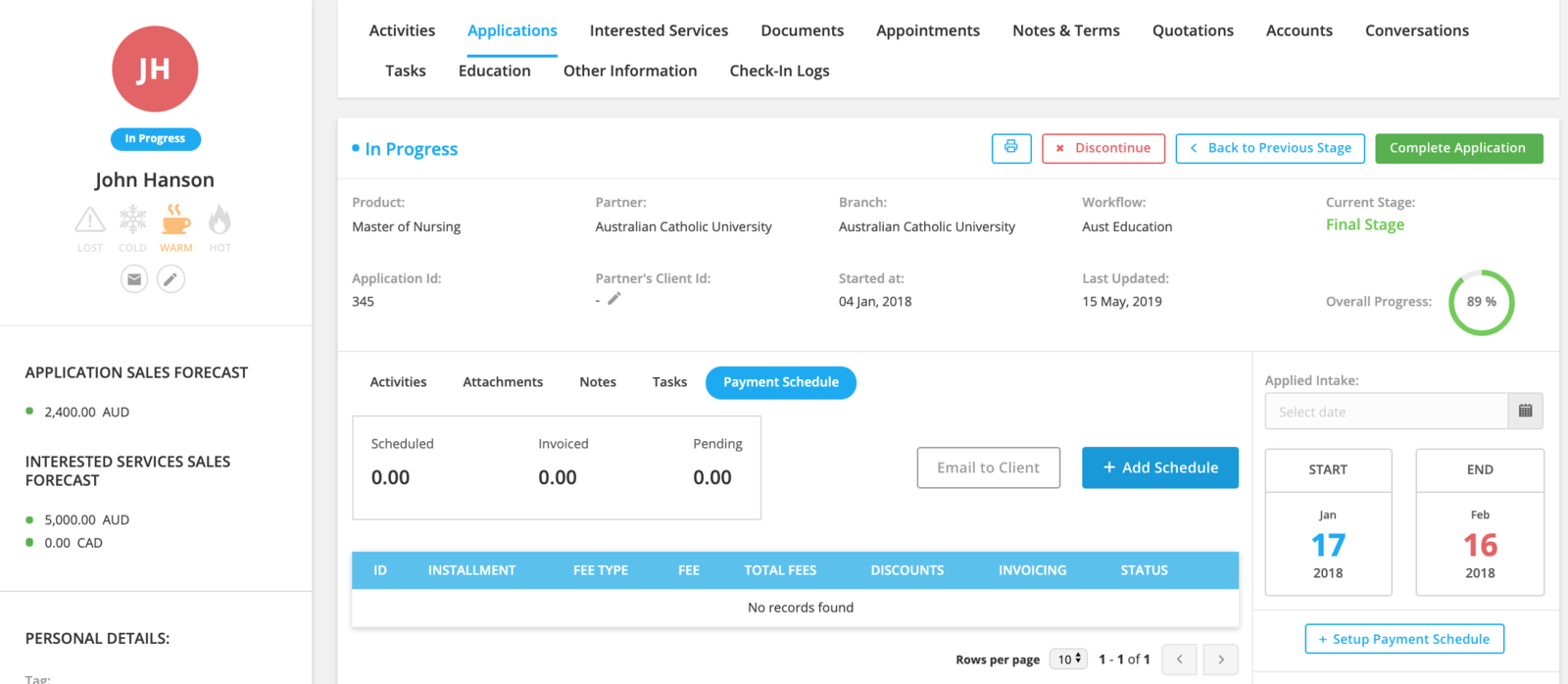Payment Schedule Tab