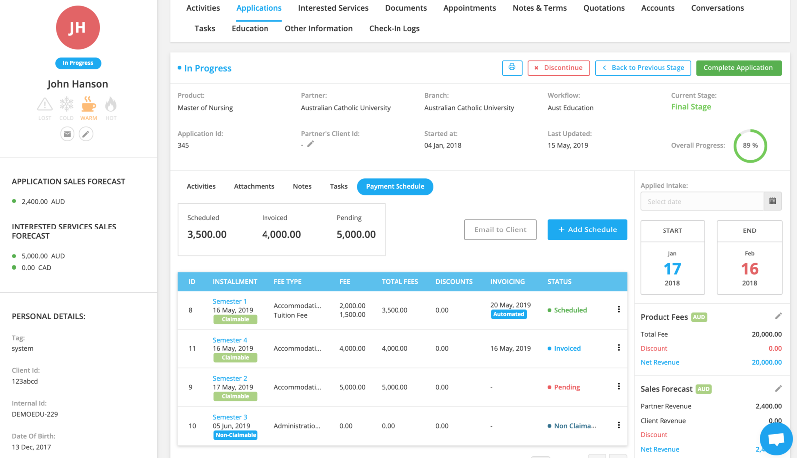 Payment Schedule list with statuses
