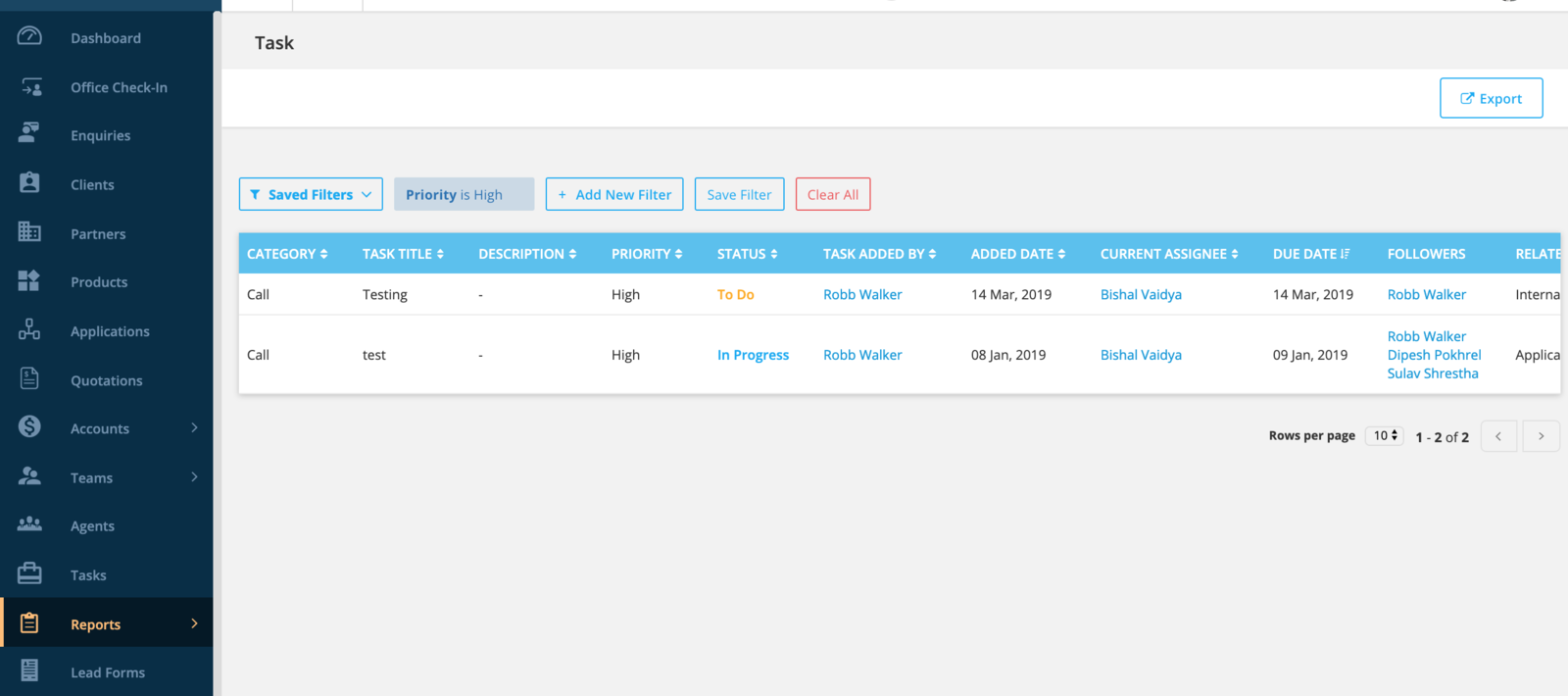 Task Report Page with Filters
