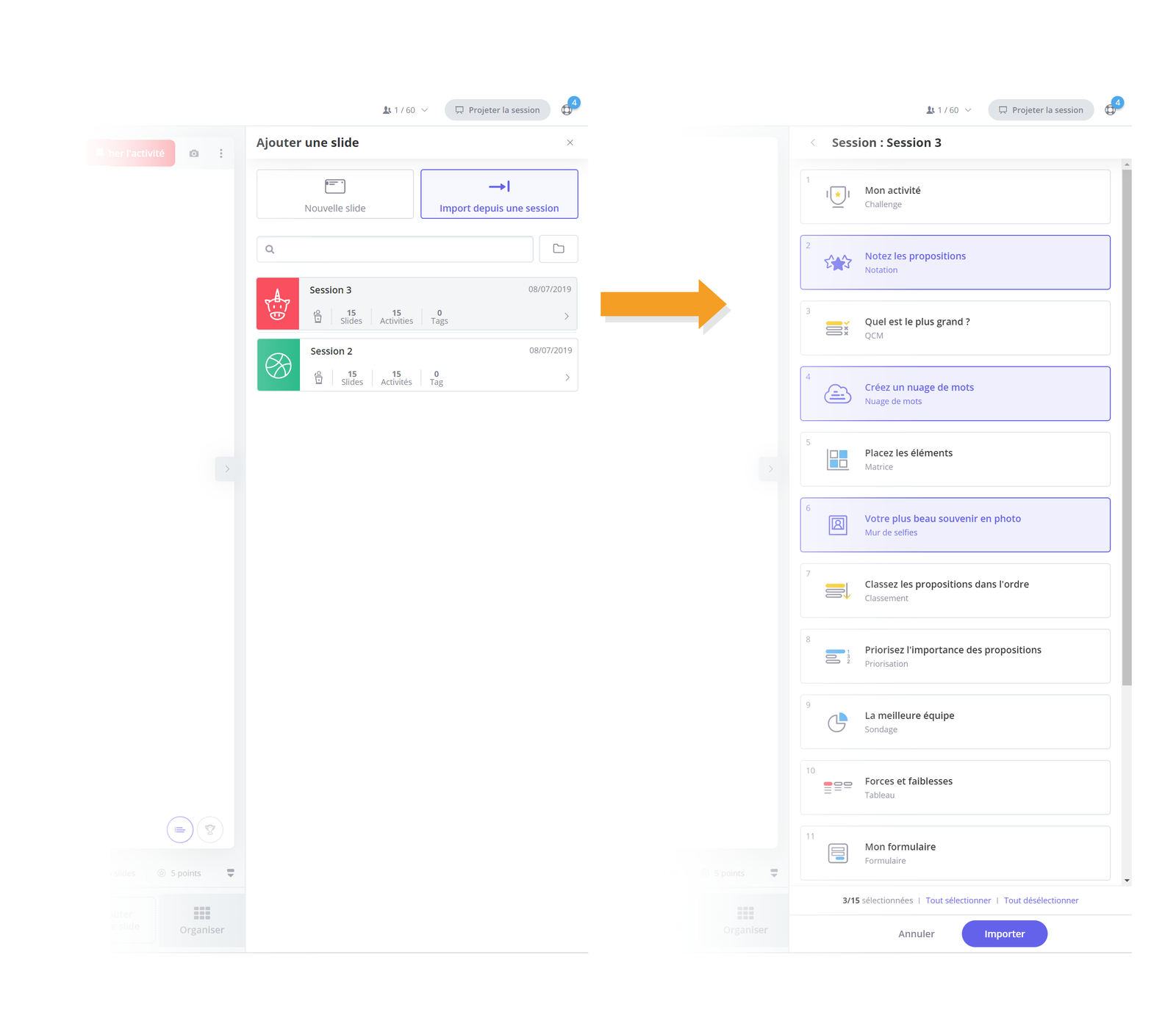 Importer une session complète ou seulement quelques slides